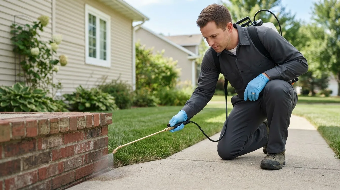 Pest control technician treating a home near Postville, IA