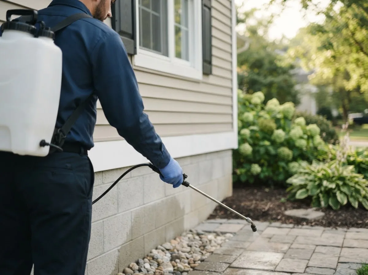 Pest control technician inspecting a home in Postville, IA